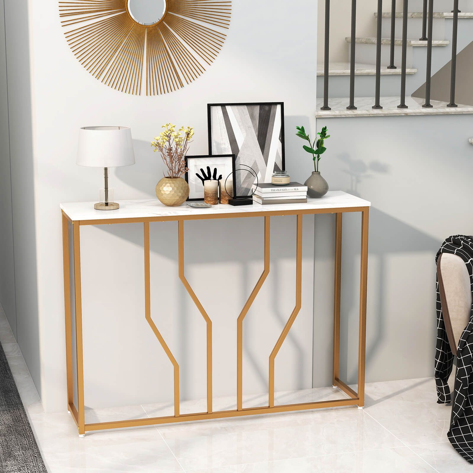 Elegant Multi-Function Entryway Table with Geometric Golden Frame and ...
