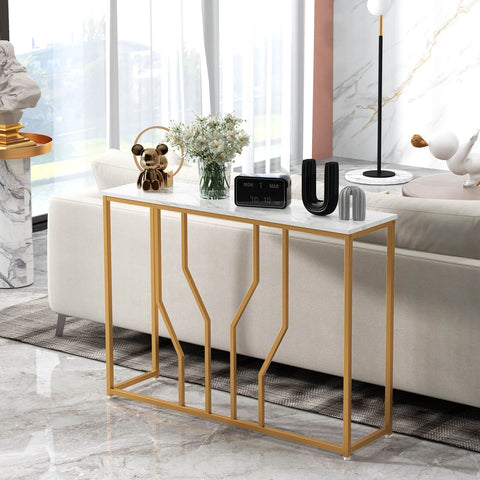 Elegant Multi-Function Entryway Table with Geometric Golden Frame and Faux Marble Table Top