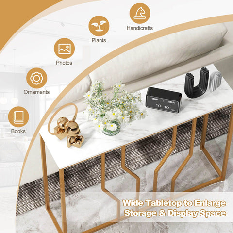 Elegant Multi-Function Entryway Table with Geometric Golden Frame and Faux Marble Table Top