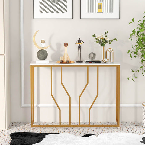 Elegant Multi-Function Entryway Table with Geometric Golden Frame and Faux Marble Table Top