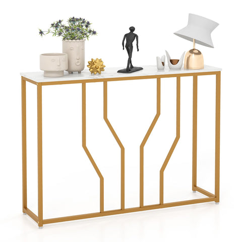 Elegant Multi-Function Entryway Table with Geometric Golden Frame and Faux Marble Table Top