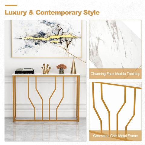 Elegant Multi-Function Entryway Table with Geometric Golden Frame and Faux Marble Table Top