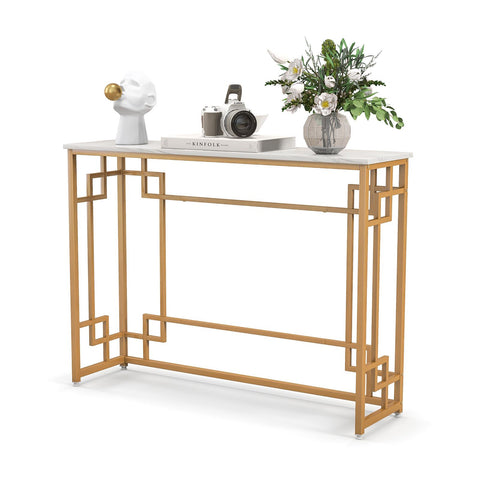 Elegant Multi-Function Entryway Table with Golden Frame and Faux Marble Table Top