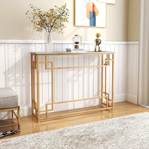 Elegant Multi-Function Entryway Table with Golden Frame and Faux Marble Table Top