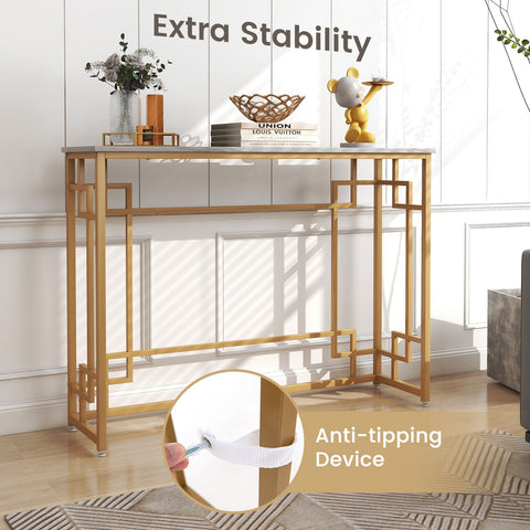 Elegant Multi-Function Entryway Table with Golden Frame and Faux Marble Table Top