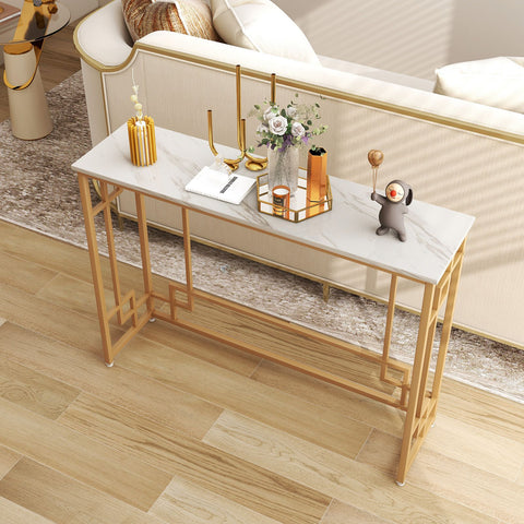 Elegant Multi-Function Entryway Table with Golden Frame and Faux Marble Table Top