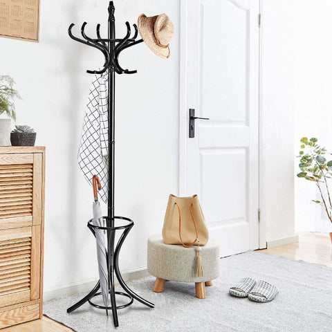 Elegant Classic Style Coat Rack with 12 Hooks and Umbrella Holder In Black