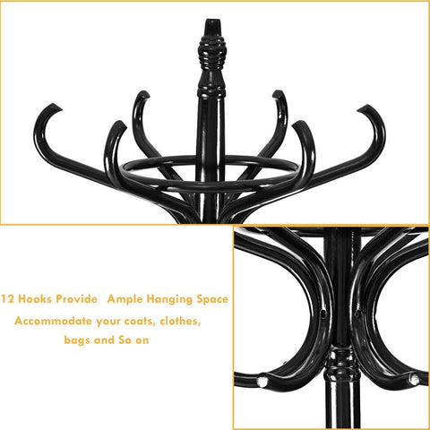Elegant Classic Style Coat Rack with 12 Hooks and Umbrella Holder In Black