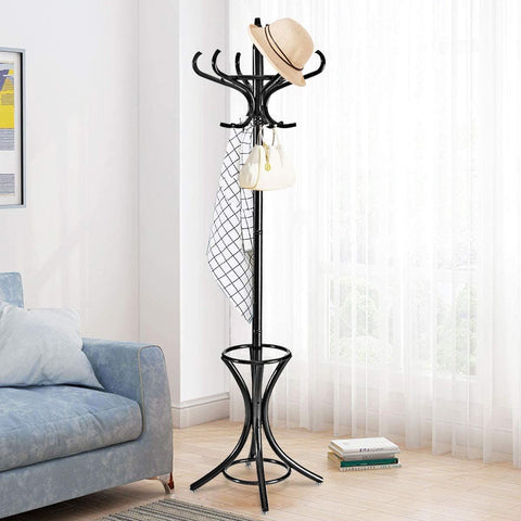 Elegant Classic Style Coat Rack with 12 Hooks and Umbrella Holder In Black