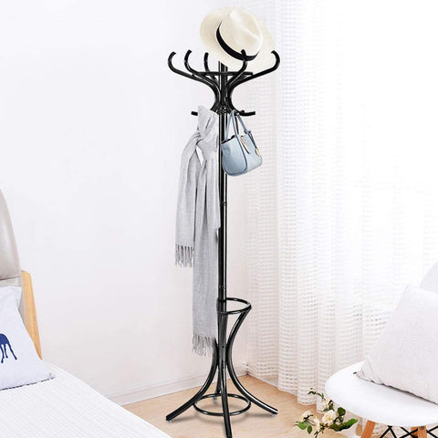 Elegant Classic Style Coat Rack with 12 Hooks and Umbrella Holder In Black