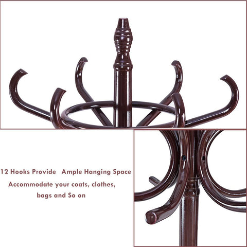Elegant Classic Style Coat Rack with 12 Hooks and Umbrella Holder In Black