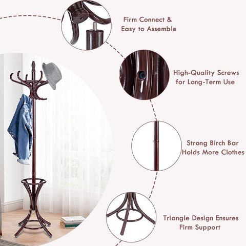 Elegant Classic Style Coat Rack with 12 Hooks and Umbrella Holder In Black