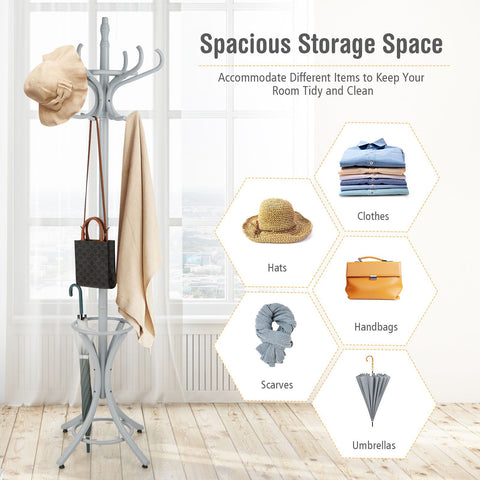 Elegant Classic Style Coat Rack with 12 Hooks and Umbrella Holder In Black
