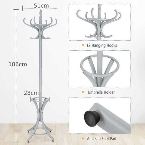 Elegant Classic Style Coat Rack with 12 Hooks and Umbrella Holder In Black