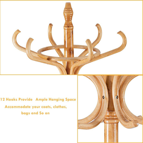Elegant Classic Style Coat Rack with 12 Hooks and Umbrella Holder In Black
