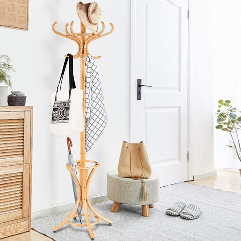 Elegant Classic Style Coat Rack with 12 Hooks and Umbrella Holder In Black