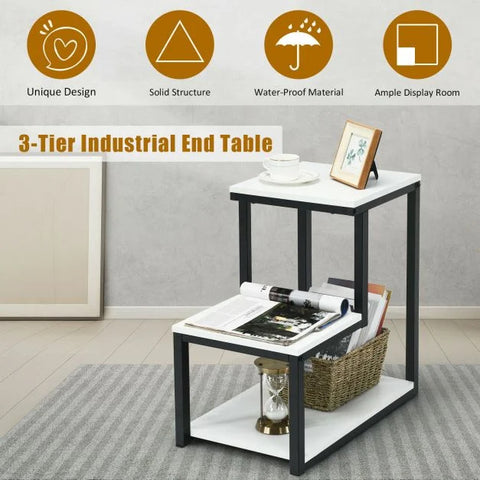Modern Industrial Style Side Table with Square Design and 3 Tiers