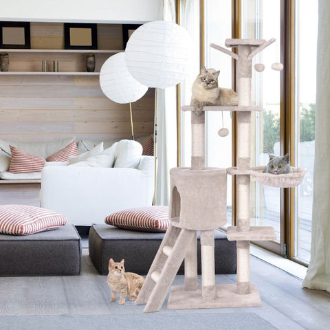 Beige 140cm Cat Tree Climbing Tower with Sisal Scratching Posts