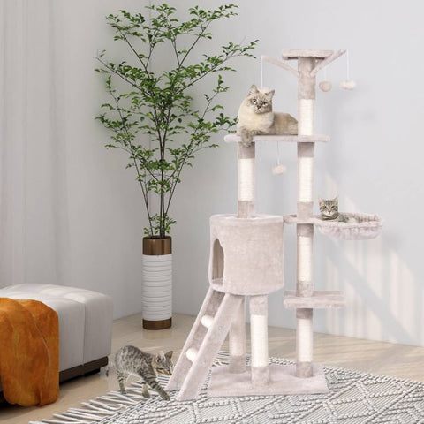 Beige 140cm Cat Tree Climbing Tower with Sisal Scratching Posts