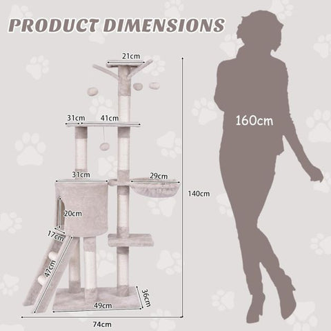 Beige 140cm Cat Tree Climbing Tower with Sisal Scratching Posts