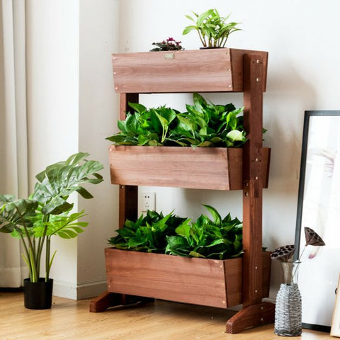 Outdoor 3 Tier Wooden Planter Stand with Adjustment Feature