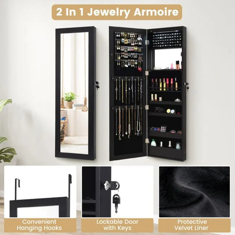 Practical Wall Mounted Jewellery Armoire with Lockable Feature and Multiple LED's