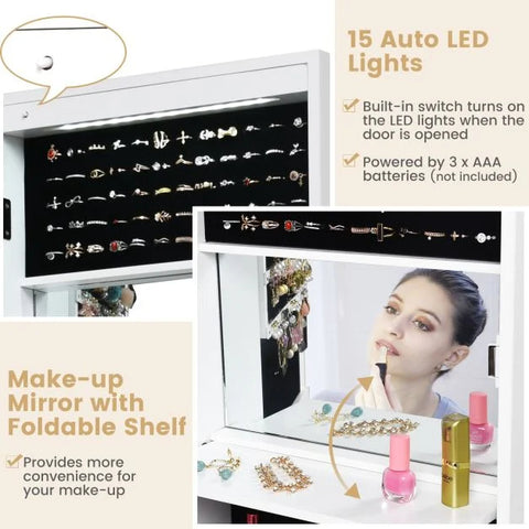 Practical Wall Mounted Jewellery Armoire with Lockable Feature and Multiple LED's