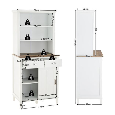 Tall Kitchen Sideboard with Moveable Shelves and Storage Cabinet in White