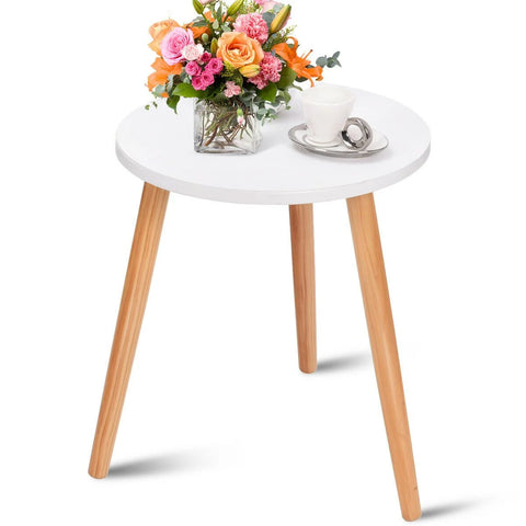 Lightweight and Minimalistic Round Side Table with Sturdy Wooden Legs in White