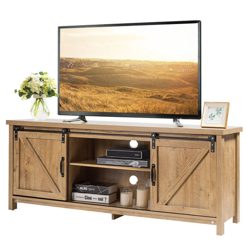 Elegant and Rustic TV Stand with Ample Storage and Functional Barn Doors