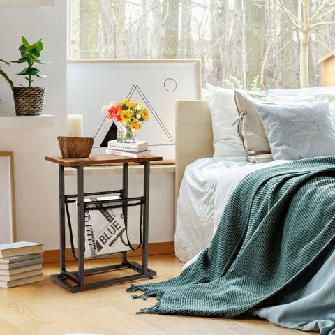 Compact and Narrow Industrial Style Side Table with Mesh Magazine Holder