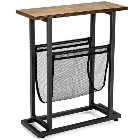 Compact and Narrow Industrial Style Side Table with Mesh Magazine Holder