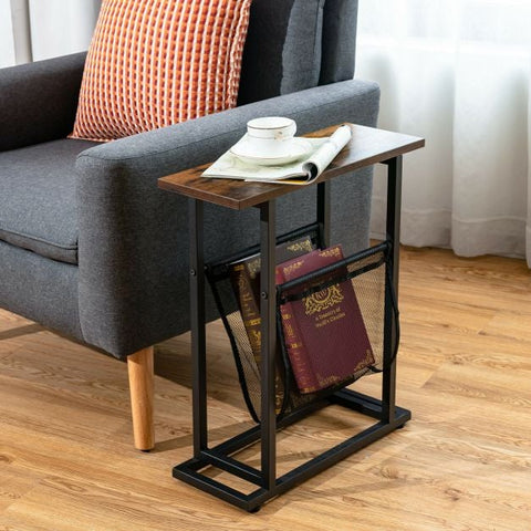 Compact and Narrow Industrial Style Side Table with Mesh Magazine Holder