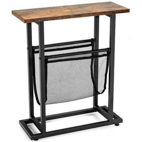 Compact and Narrow Industrial Style Side Table with Mesh Magazine Holder
