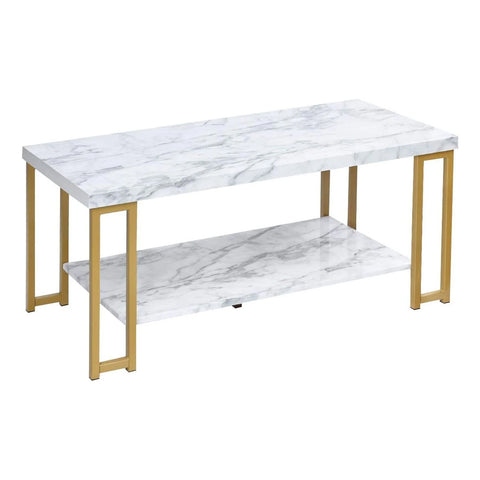 Spacious 2-Tier Faux Marble Coffee Table with Ample Storage and Metal Frame