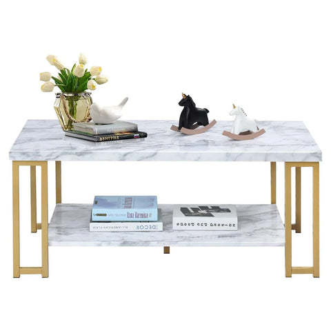 Spacious 2-Tier Faux Marble Coffee Table with Ample Storage and Metal Frame