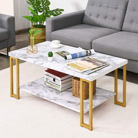 Spacious 2-Tier Faux Marble Coffee Table with Ample Storage and Metal Frame