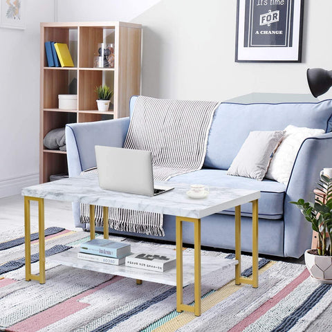 Spacious 2-Tier Faux Marble Coffee Table with Ample Storage and Metal Frame