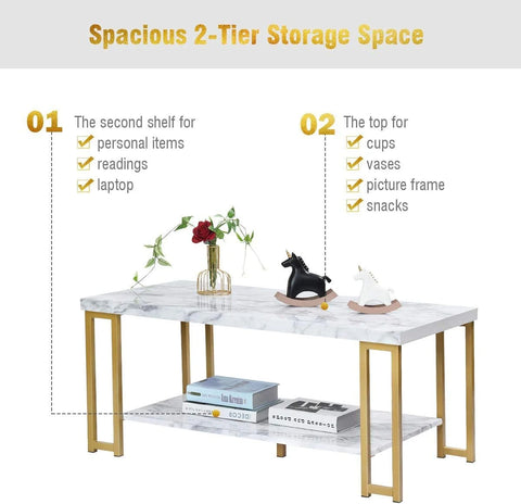 Spacious 2-Tier Faux Marble Coffee Table with Ample Storage and Metal Frame