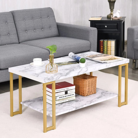 Spacious 2-Tier Faux Marble Coffee Table with Ample Storage and Metal Frame