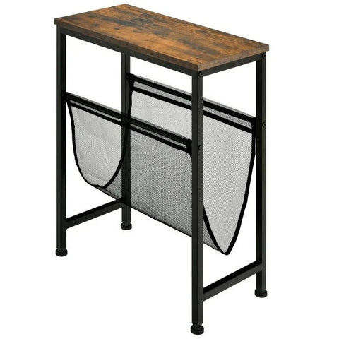 Compact Industrial Style Side Table with Mesh Magazine Holder