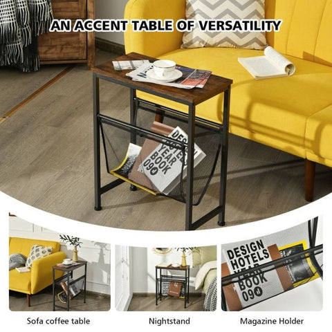 Compact Industrial Style Side Table with Mesh Magazine Holder