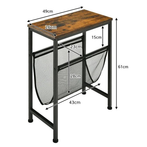 Compact Industrial Style Side Table with Mesh Magazine Holder