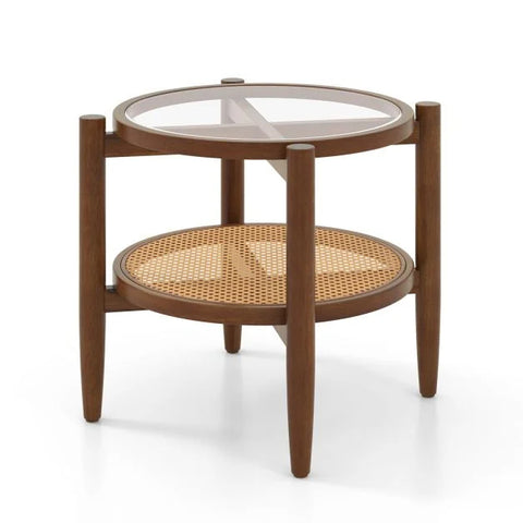 Vintage Round Side Table with Natural Wood Frame and Tempered Glass Top