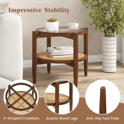 Vintage Round Side Table with Natural Wood Frame and Tempered Glass Top