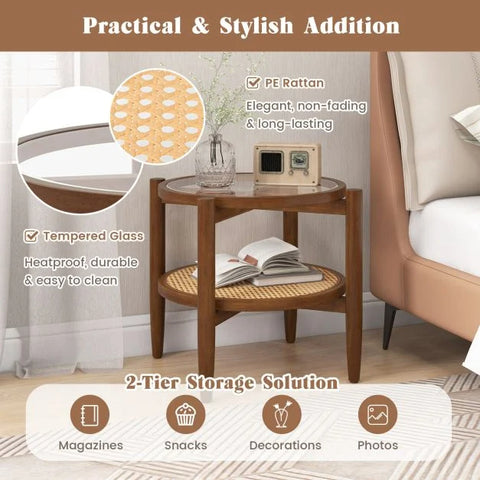 Vintage Round Side Table with Natural Wood Frame and Tempered Glass Top