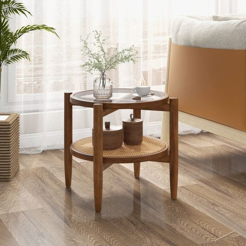 Vintage Round Side Table with Natural Wood Frame and Tempered Glass Top
