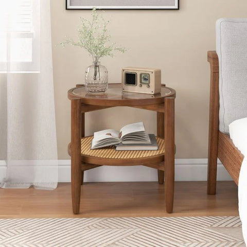 Vintage Round Side Table with Natural Wood Frame and Tempered Glass Top