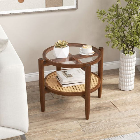 Vintage Round Side Table with Natural Wood Frame and Tempered Glass Top