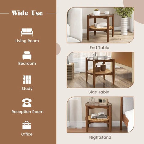 Vintage Round Side Table with Natural Wood Frame and Tempered Glass Top